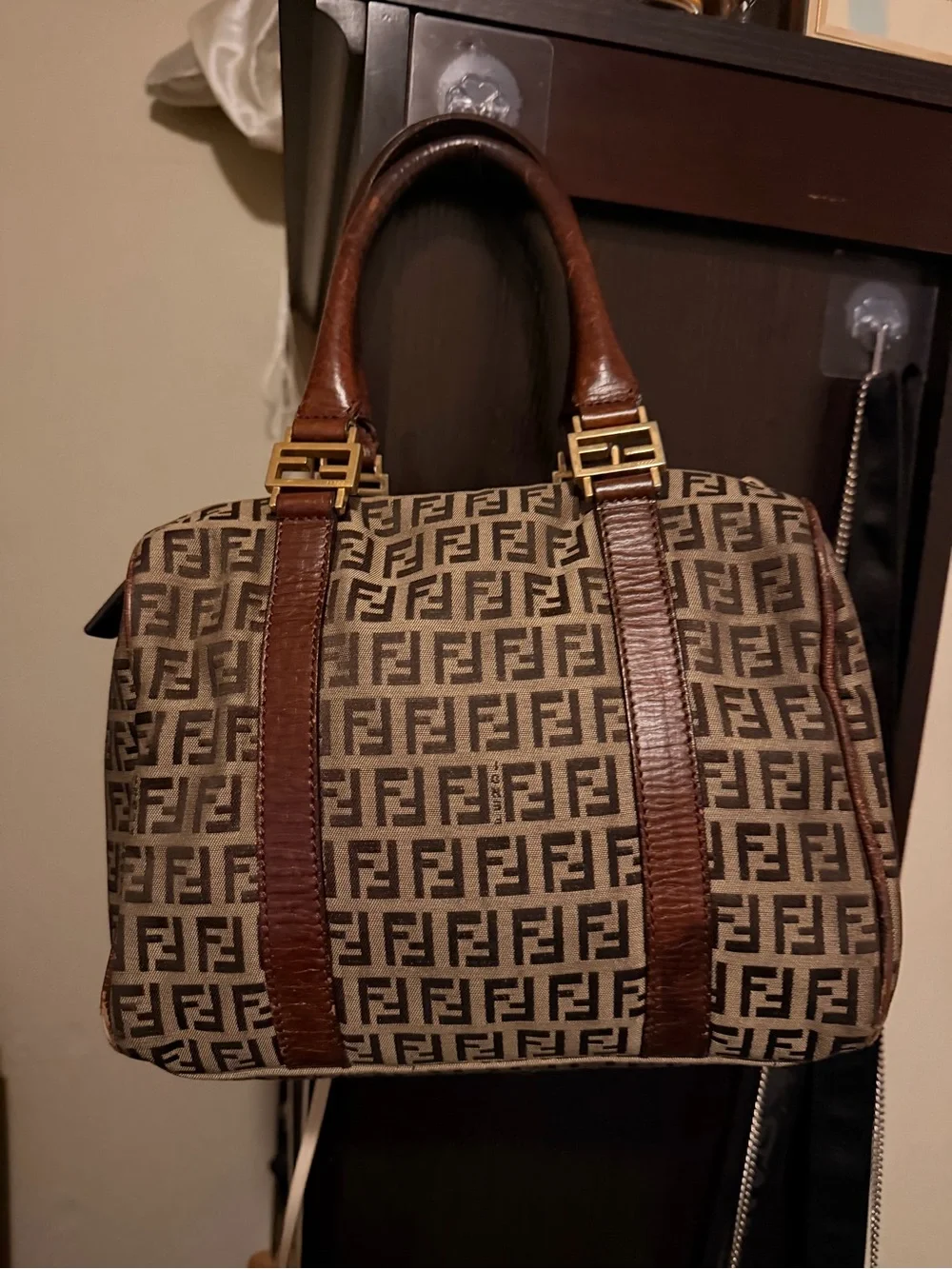 Fendi Brown Zucca Canvas Satchel with Dark Brown Leather Trim
